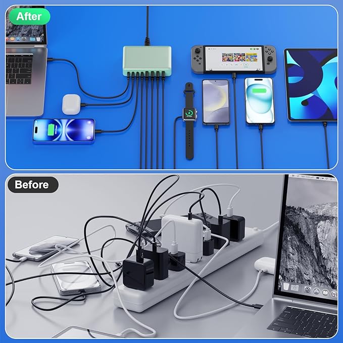 USB C Charger 300W USB C Charger Block 8-Ports GaN IV Fast Charging Station,PD 100W Laptop Charging Hub Wall Adapter Compatible with MacBook/Air,DELL,Steam Desk,iPhone 16/15/14,Galaxy S24 etc-DeskLoop Office