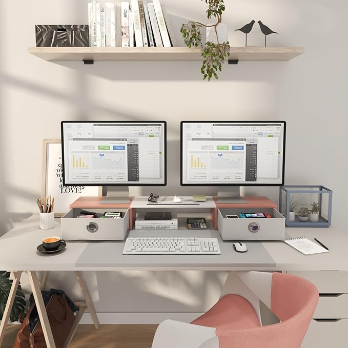 WESTREE Dual Monitor Stand Riser with Two Drawers, Extra Large Storage Monitor Stand for 2 Monitors, Desktop Oraganizer Stand for Computer,Laptop,Screen,Printer,TV-DeskLoop Office