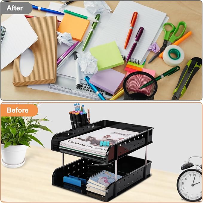 Stackable Letter Tray Papers Organizers, A4 Size Desk Organizer Tray for Letter Paper Stationery Desk Accessories, Plastic Black Paper Holder File Organizer for Office, School, Home (Dark Black)-DeskLoop Office