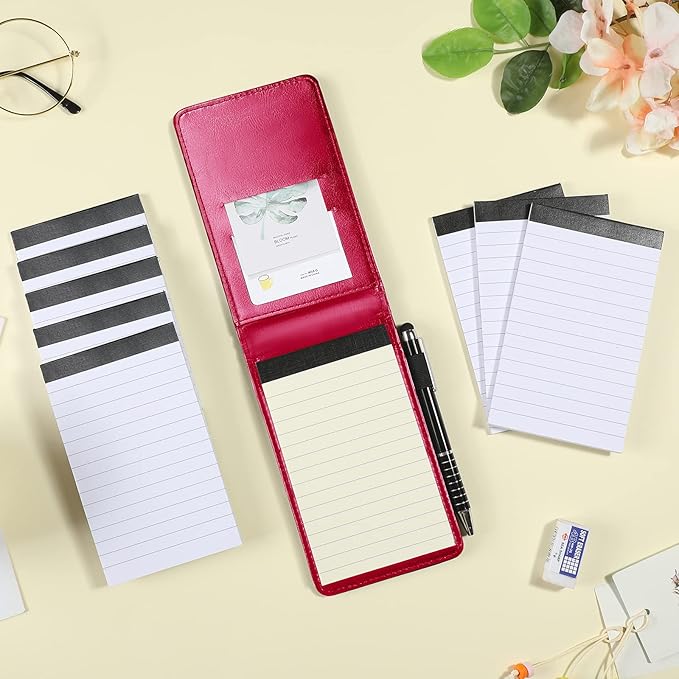 Outus 10 Pcs Pocket Notebook with Pen Set Included Mini Pocket Notepad Holder with 50 Lined Sheets, Metal Pen, 8 Pcs 3 x 5 Inch Memo Book Refills, 30 Lined Paper Per Note Pad (Rose Red)-DeskLoop Office