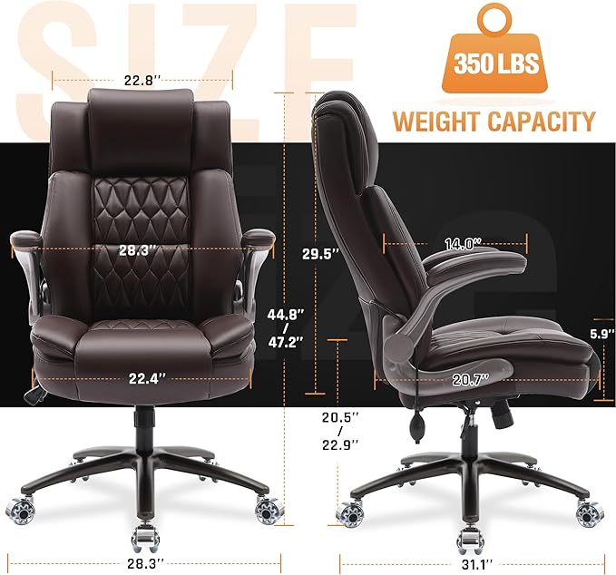 Large High Back Office Chair - Adjustable Lumbar Support Flip Up Arms Heavy Duty Quiet Wheels Metal Base Breathable Bonded Leather Ergonomic Executive Computer Desk Chair with Storage Bags, Brown-DeskLoop Office
