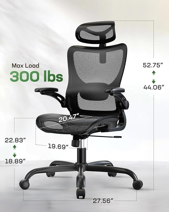 Marsail Ergonomic Mesh Office Chair High Back Home Office Desk Chair with Adaptive Lumbar Support, 2D Headrest, 3D Flip-Up Armrests, Height Adjustable and Rocking Tilt for Home Office and Gaming-DeskLoop Office
