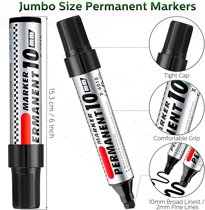 Thenshop 48 Pcs Jumbo Size Permanent Markers Bulk Waterproof Chisel Tip Marker Pens for Industrial Use Work on Wood Metal Plastic Stone Glass(Black, Blue, Green, Red)-DeskLoop Office