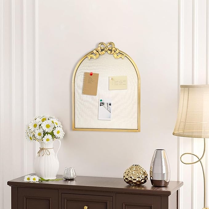 Vintage Arched Linen Cork Board with Gold Bowknot – Decorative Bulletin Board for Walls, Iron Frame Pin Board for Notes, Photos & Reminders, Elegant Vision Board for Home & Office 16"x21"-DeskLoop Office