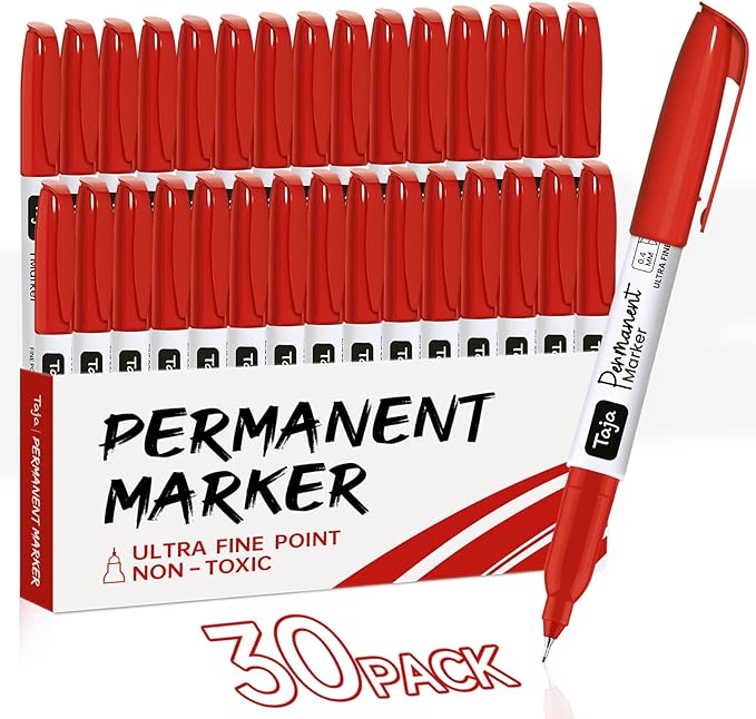 Permanent Markers Ultra Fine Tip, 30 Pack Red Quick-Drying and Fade-Resistant Permanent Markers Bulk Set for Writing and Drawing on Wood, Plastic, Metal, Glass, Ideal for Office School Supplies-DeskLoop Office
