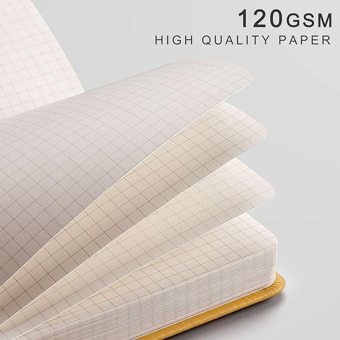 EMSHOI Graph Paper Notebook - 256 Pages A5 Graph Notebook/Journal, Square Grid Notebooks for Work, 120gsm Thick Paper, Executive Hardcover Leather, Inner Pocket, Pen Loop 5.75'' × 8.38''-Yellow-DeskLoop Office