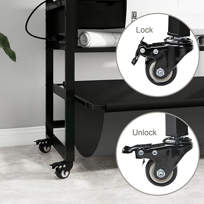 Natwind Wide Format Printer Stand, Plotter Workbench Table with Pull-Out Drafting Storage, Roll Paper Holder, Accessory Drawer, Adjustable Storage Shelf for Plotters and Cutting Machines (Black)-DeskLoop Office