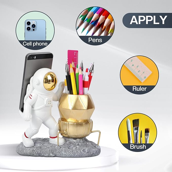 Astronaut Pen Pencil Holder with Phone Stand Resin Spaceman Pencil Holder Desk Pen Holder Organizer Decorative Accessories Suitable Office Classroom Home Creative Gifts for Adults and Kids-DeskLoop Office