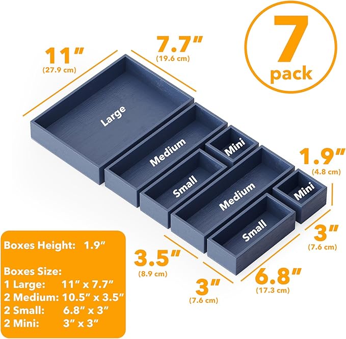 SpaceAid 7-Piece Bamboo Drawer Organizer Storage Boxes Set, Wood Tray Junk Drawer Organizers Multi-Use Divider Bins for Kitchen, Bathroom, Office Desk and Makeup Organization (7 Pack, Navy Blue)-DeskLoop Office