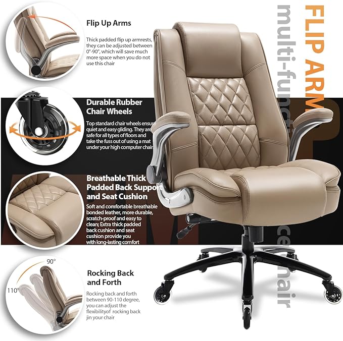 EZAKI High Back Office Chair-Flip-up Arms Executive Computer Desk Chair, Built-in Lumbar Support Thick Padded Adjustable Rock Tension Ergonomic Design for Back Pain-DeskLoop Office