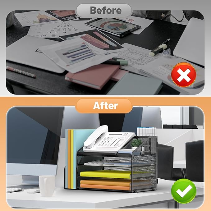 DocNest 4 Tier Paper Letter Tray File Organizer, Mesh Desk File with Handle, Workspace Desk Organizers with Pen Holder, Office Organization Storage Accessories - Black-DeskLoop Office