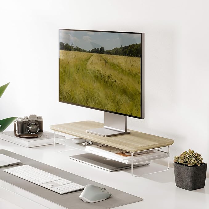 Fenge Acrylic Monitor Stand Riser, 23.6 Inches Monitor Stand with Metal Storage, 2 Tier Acrylic Computer Riser for Desk, Clear Laptop Stand for PC, Laptop, Printer, TV-DeskLoop Office