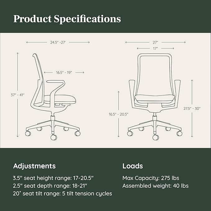Branch Verve Chair - High Performance Executive Office Chair with Contoured Seat Back and Adjustable Lumbar Rest - High Density Foam Cushion with Aluminum Base - Up to 275 lbs - Mint-DeskLoop Office