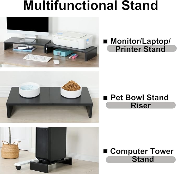 TEAMIX 2 Pack Monitor Stand Riser-20 inch, Black Desktop Stand for PC/TV/Laptop/Printer, Keyboard Shelf Organizer Wood Monitor Riser with Storage-DeskLoop Office