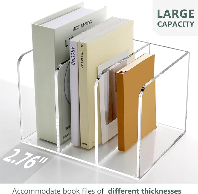 Acrylic Magazine Holder Desk Organizer Workspace Sorters,Clear Bookend File Sorter Holder,Folder Rack, Office Accessories Organization Storage with 3 Vertical Compartments