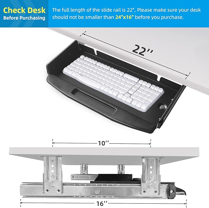Solid Steel Under Desk Keyboard Tray Slide Out with 360° Rotating Mouse Platform,Keyboard Shelf Sliding,Under Desk Mounted Keyboard Holder,Under Desk Keyboard Drawer 28"Lx11"W-DeskLoop Office
