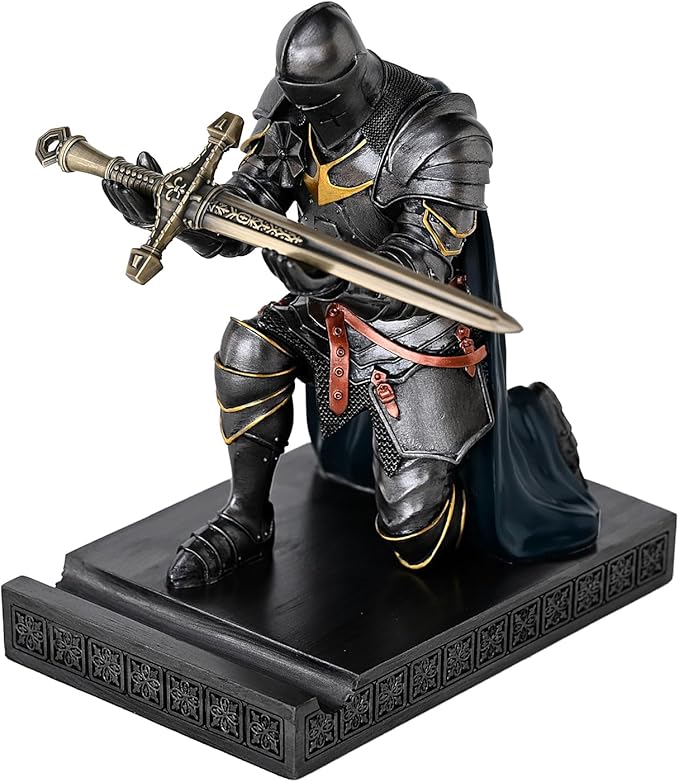 Medieval Armored Warrior Wearing Outerwear, Mobile Phone Stand Knight Pen Holder Desk Organizers, Resin Bookends Paperweight with a Letter Opener for Desk (Iron&Green)-DeskLoop Office