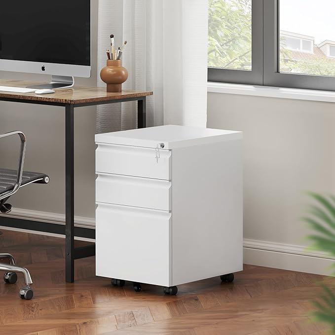 YITAHOME 3-Drawer Vertical File Cabinet, Mobile Metal Filing Cabinet with Lock for Legal/Letter Size, Pre-Built Office Storage File Cabinet Except Wheels Under Dese, White-DeskLoop Office