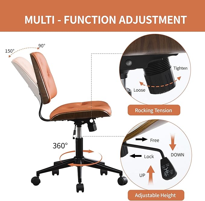 Small Home Office Chair - Armless Mid Back Desk Chair with 360° Swivel and Wheels, PU Upholstered Height Adjustable Modern Walnut Computer Chair for Home, Office Meeting Room - Orange-DeskLoop Office