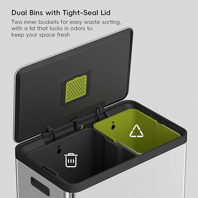 EKO EcoCasa II 36L+24L Dual Trash Can with Recycle Bin, Stainless Steel Garbage Can with Lid, Deodorizer Compartment, Odor-Proof and Fingerprint Resistant-DeskLoop Office