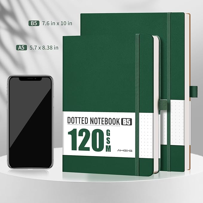 AHGXG Bullet Dotted Journal - Dot Grid Notebook Journal, 120 GSM Thick Acid-Free Paper, Large B5 Dotted Notebook 96 Pages, Leather Softcover, Inner Pocket, Journal Stencil, 7.6'' X 10'' - Green-DeskLoop Office