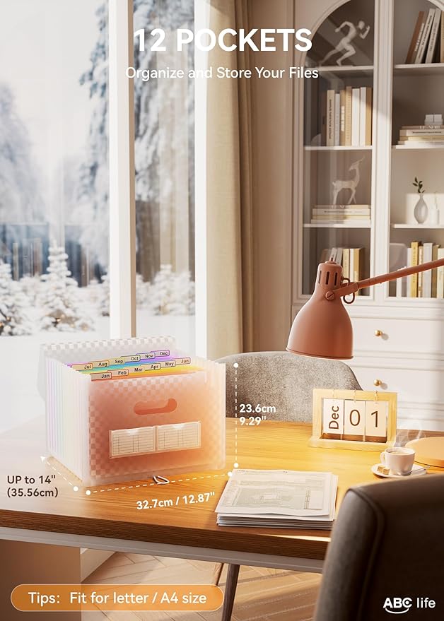 ABC life 12 Pockets Accordion File Organizer Expanding File Folders, Portable Monthly Bill Receipt Document Organizer, Expandable Accordian Filing Folder Letter A4 Size, Colored Tabs (Pink)-DeskLoop Office