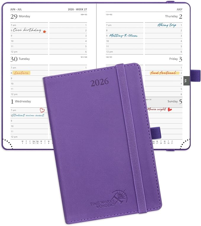 POPRUN Pocket Calendar 2026 (Small Size- 4'' x 6.25") Weekly and Monthly for Purse - Planner 2026 (Jan. 2026 - Dec. 2026) with Vegan Leather Soft Cover, Plastic Ruler, Pen Holder and More - Purple-DeskLoop Office