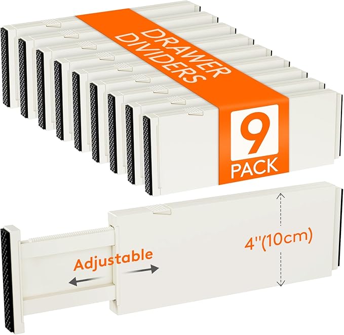 Lifewit 9 Pack Drawer Dividers 4" High, 11-17" Adjustable Drawer Organizers for Clothes, Expandable Dresser Separators in Bedroom/Bathroom/Kitchen/Fridge/Office Organization and Storage, Beige-DeskLoop Office