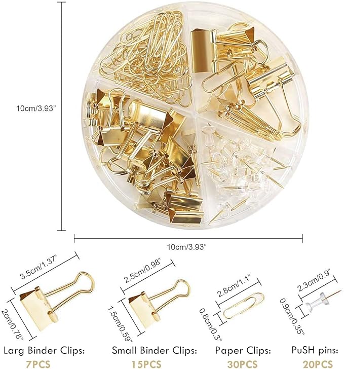 Paper Clips and Binder Clips Set, Metal Assorted Sized Binders with Push Pins, Cute Office Supplies for Desk, Desk Accessories (Gold Set of 3)-DeskLoop Office