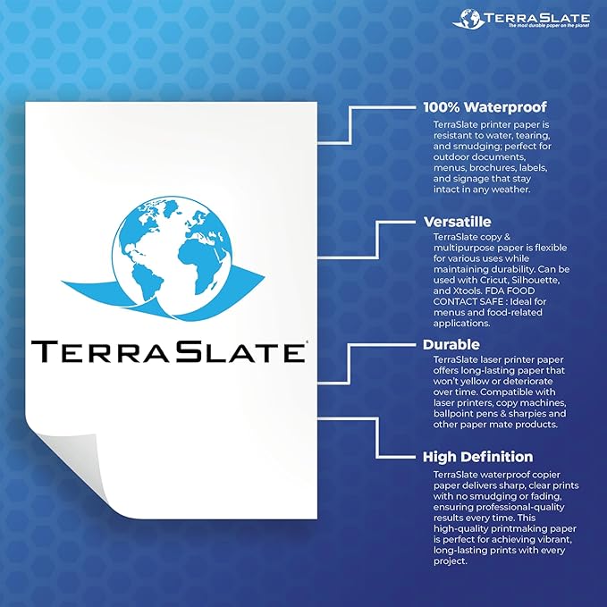 TerraSlate Premium Waterproof Paper, 5 MIL 8.5” x 11”, Laser Printer & Copy Machine Compatible, Durable & Rain/Weather-Proof Copy Paper, White Paper (250 Sheets)-DeskLoop Office