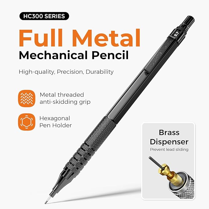 Four Candies 2PCS Metal Mechanical Pencils Set with Case, 0.5mm & 0.7 mm Artist Pencil with 6 Tubes (360PCS) HB Lead Refills, 3 Erasers,9 Eraser Refills For Writing Drafting, Drawing, Black-DeskLoop Office