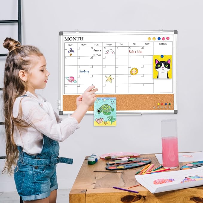 Monthly Calendar Whiteboard Dry Erase Cork Board Combo for Wall, 30" x 20" Magnetic Double-Sided Calendar White Board and Bulletin Board, Portable Board for Office, Kitchen, School, Home, Dorm-DeskLoop Office