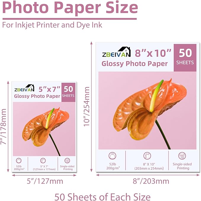 ZBEIVAN Photo Paper 5x7, 8x10 inch, Glossy Photo Papers 100 Sheets, 200 GSM Paper for Printer (50 Sheets of each size 5x7, 8x10)-DeskLoop Office