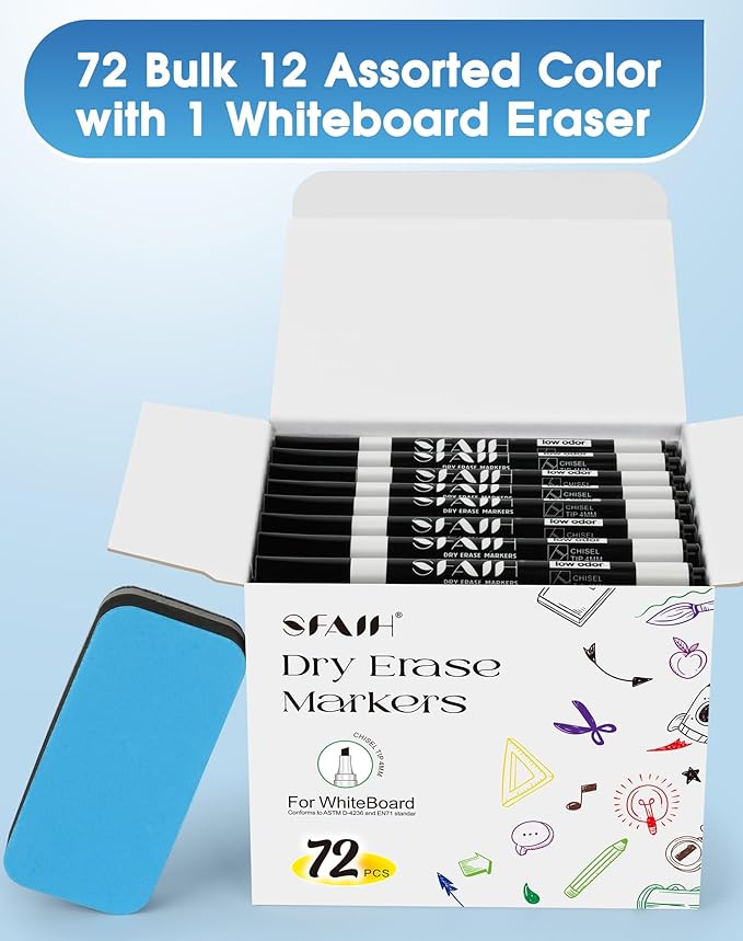 SFAIH Dry Erase Markers Chisel Tip with Magnetic Whiteboard Eraser, 72 Bulk Pack Black White Board Markers for Teachers & Students, Versatile Lines, 1s Quickly Dry, Perfect for Classroom and Office-DeskLoop Office
