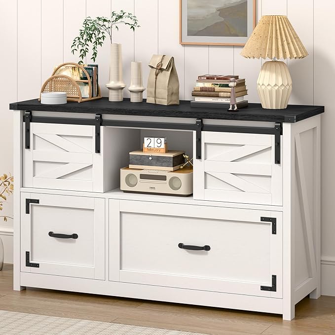 Lateral File Cabinets 2 Drawer with Sliding Barn Doors, Farmhouse Filing Cabinet with 2 Drawer for Home Office,Filing Organization Storage Cabinets for Hanging Files Letter/Legal/F4/A4.(Black.)