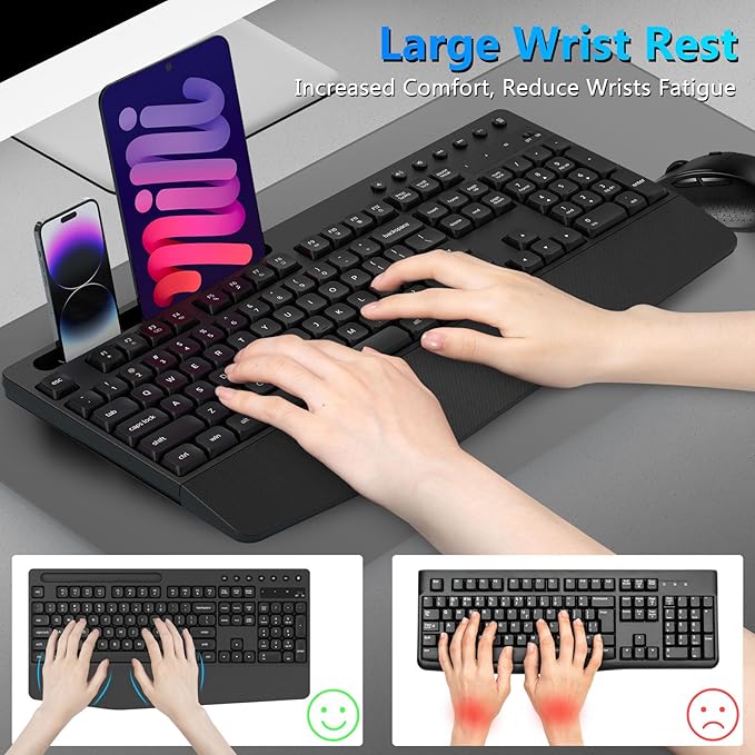 Wireless Keyboard and Mouse Combo, Full-Sized Ergonomic Keyboard with Wrist Rest, Phone Holder, Sleep Mode, Silent 2.4GHz Cordless Keyboard Mouse Combo for Computer, Laptop, PC, Mac, Windows-DeskLoop Office