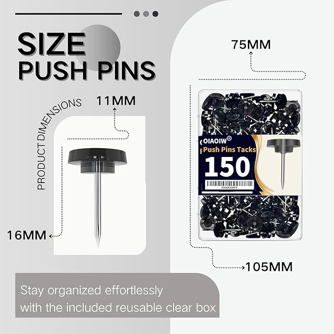 150 PCS Flat Black Push Pins for Wall Clear Thumb Tacks for Walls Flat thumbtacks Push pin for Bulletin Board Shadow Box Display Thumbtack for Cork Board-DeskLoop Office