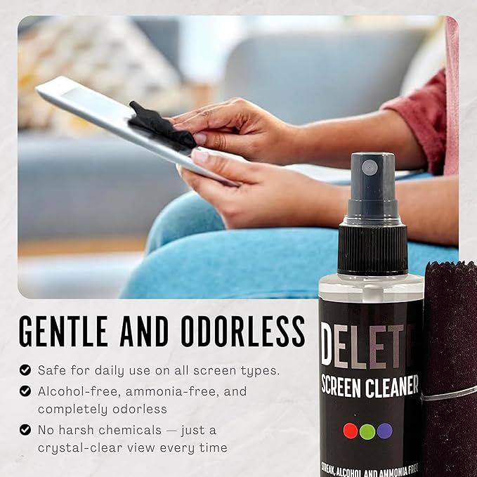 Delete Screen Cleaner Spray Kit, 4 Pack, 2oz Bottle and 12"x12" Microfiber Cleaning Cloth, Streak-Free, Safe and Gentle Formula, Multi-Purpose for Travel, Small TVs, Cameras, Laptops, Phones-DeskLoop Office