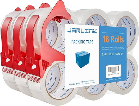 JARLINK 18 Rolls Clear Packing Tape with 3 Dispensers, Heavy Duty Packaging Tape Refills for Shipping Packaging Mailing, 2.8mil Thicker, 1.88 inches Wide, 55 Yards Per Roll, 990 Total Yards-DeskLoop Office