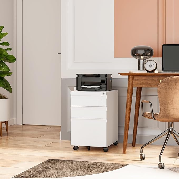 Rolling File Cabinet with Lock, 3 Drawer Metal Mobile Filing Cabinet for Legal/Letter Size, Fully Assembled Except Casters,White-DeskLoop Office