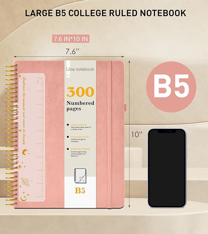 B5 Spiral Notebook Journal 7.6” x 10”, 300 Numbered Pages Hardcover Leather Journals for Women Men, Large Lined College Ruled Notebooks, 100GSM Thick Paper, Spiral Bound Journal for Work School, Pink-DeskLoop Office