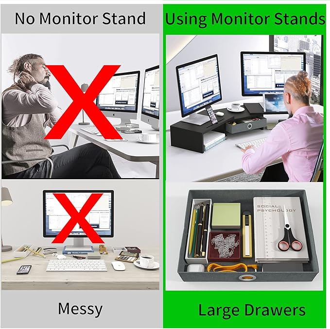 WESTREE Dual Monitor Stand Riser with Drawer, Adjustable Length and Angle Monitor 2 Solts for Phone & Tablet, Desktop Organizer Stand for Computer/Laptop/PC/Printer-DeskLoop Office