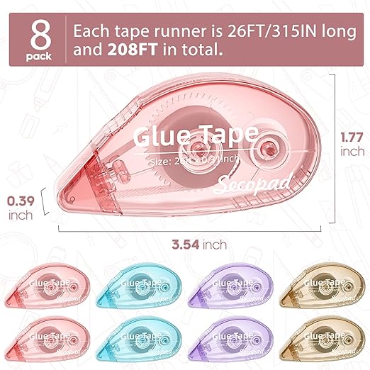 8 Pack Scrapbook Tape, Double Sided Tape for Crafts, Adhesive Glue Runner for Scrapbooking Journaling Supplies, Glue Roller for Kids and Adults School Office Teacher Supplies, 0.3IN x 26FT-DeskLoop Office