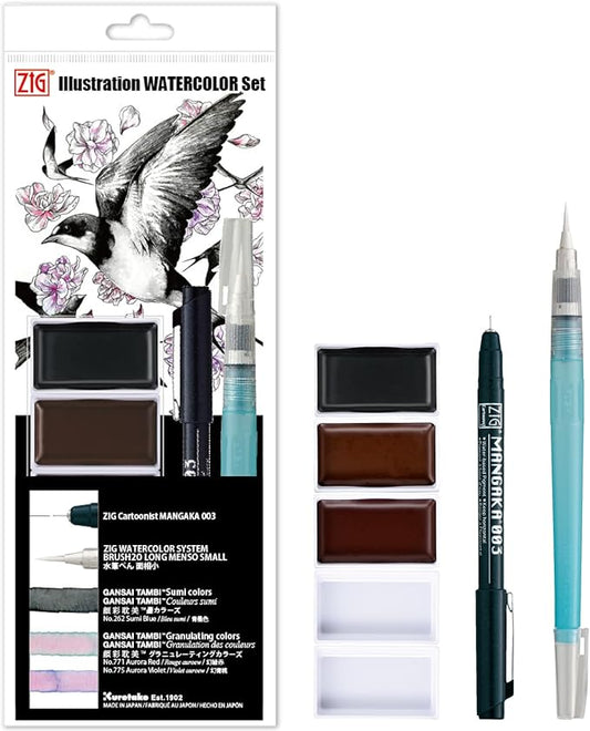 Kuretake Zig illustration watercolor Set, 3 Gansai Tambi, Fineliner and Waterbrush pen, for Inktober, Manga, Drawing, Calligraphy, Professional, Artist, Made in Japan (IKTB-25/7V)-DeskLoop Office