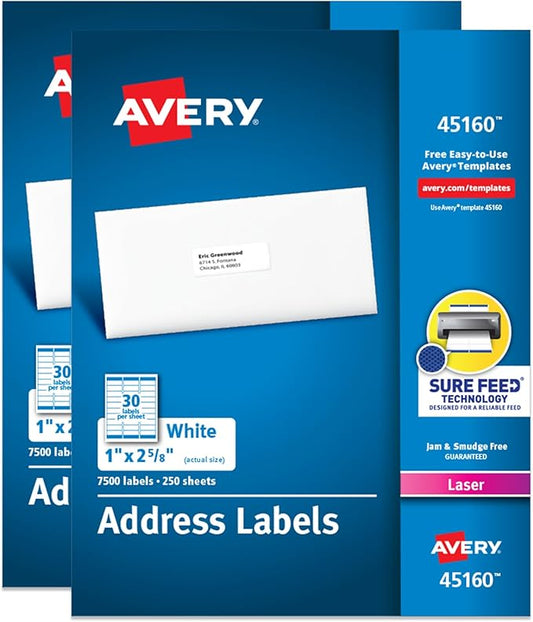 Avery Printable Address Labels with Sure Feed, 1" x 2-5/8" Customizable Stickers, White, 15,000 Blank Mailing Labels Total (2-Pack of 45160)-DeskLoop Office