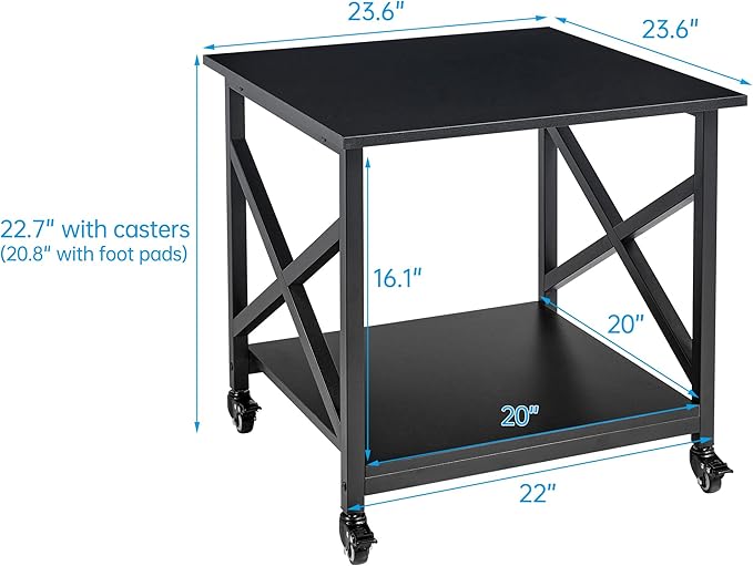 2 Tier Large Printer Stand, 23.6 x 23.6 x 22.6 Inches Square Printer Table with Storage Shelf, Rolling Printer Cart with Industrial Wheels for Home Office, Mini Fridge Stand Table - Black-DeskLoop Office