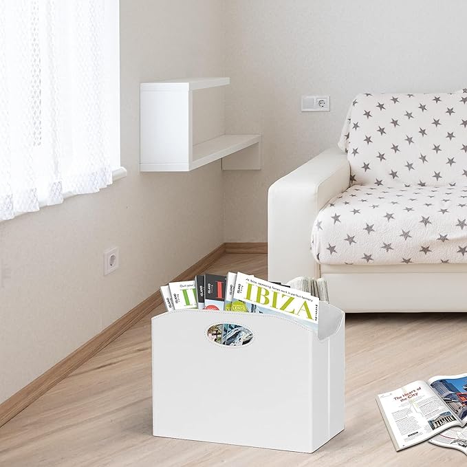 EZDeco Magazine Holder Foldable Magazine Rack Floor PU Leather File Holder Newspaper Book Storage Basket Document File Folder Organizer for Office Home (White-2)-DeskLoop Office