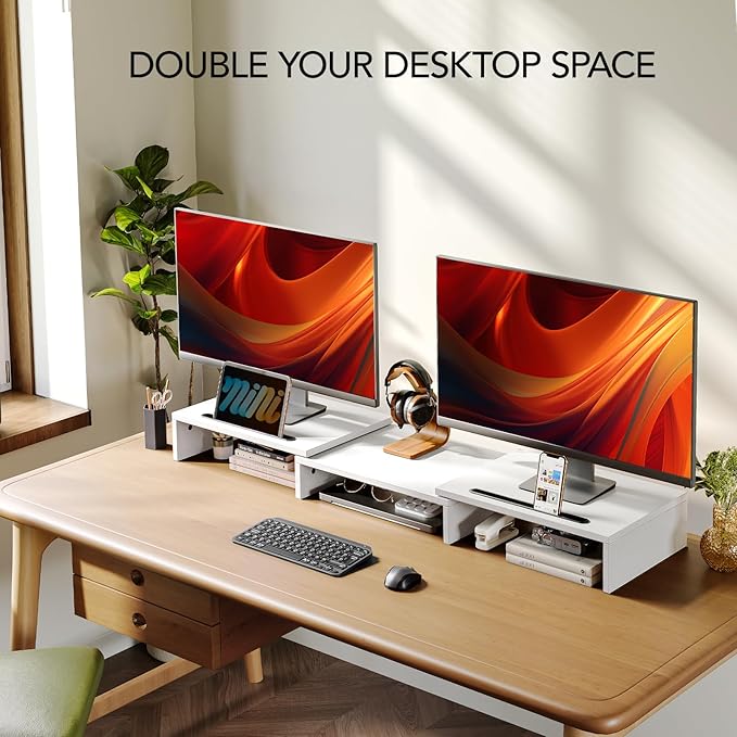 AMERIERGO Dual Monitor Stand Riser- 3 Shelf Screen Stand with Adjustable Length and Angle, 2 Extra Functional Slot Desktop Organizer Stand for PC, Computer, Laptop (White)-DeskLoop Office