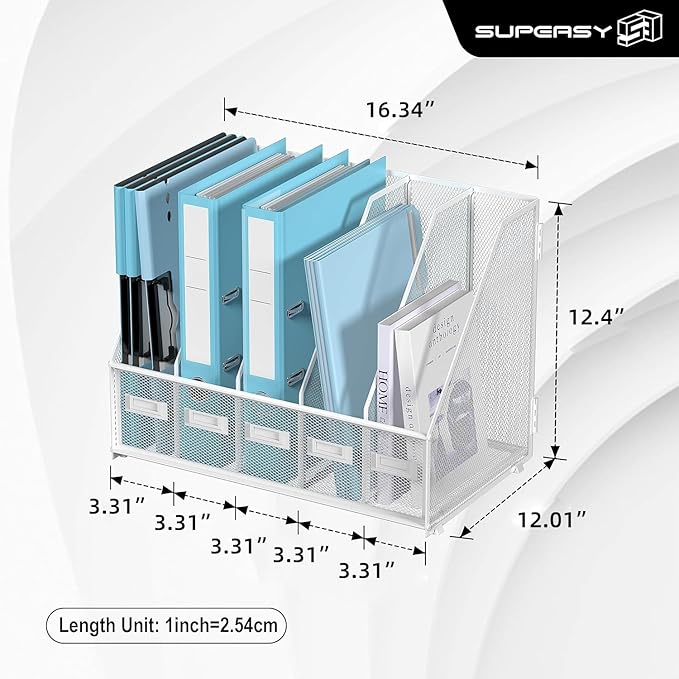 SUPEASY Desk Organizers Metal Desk Magazine File Holder with 5 Vertical Compartments Rack File Organizer for Office Desktop, Home Workspace, White Plus-DeskLoop Office