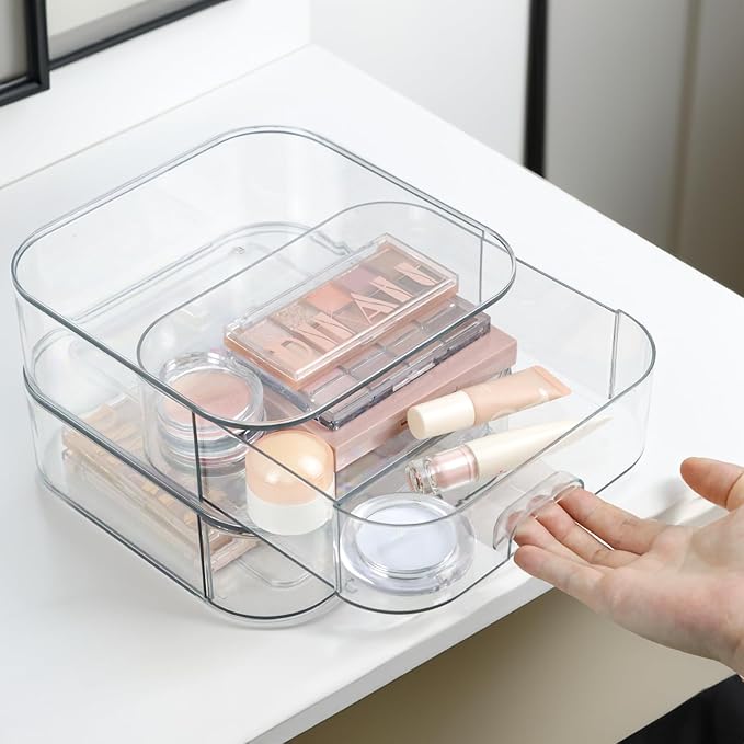 Set of 2 Stackable Storage Drawers - 7.8" Clear Plastic Drawer Storage, Acrylic Makeup Organizer, Desk Counter Cabinet Office Organizer, Bathroom Organizers and Storage (Square/Set of 2)-DeskLoop Office